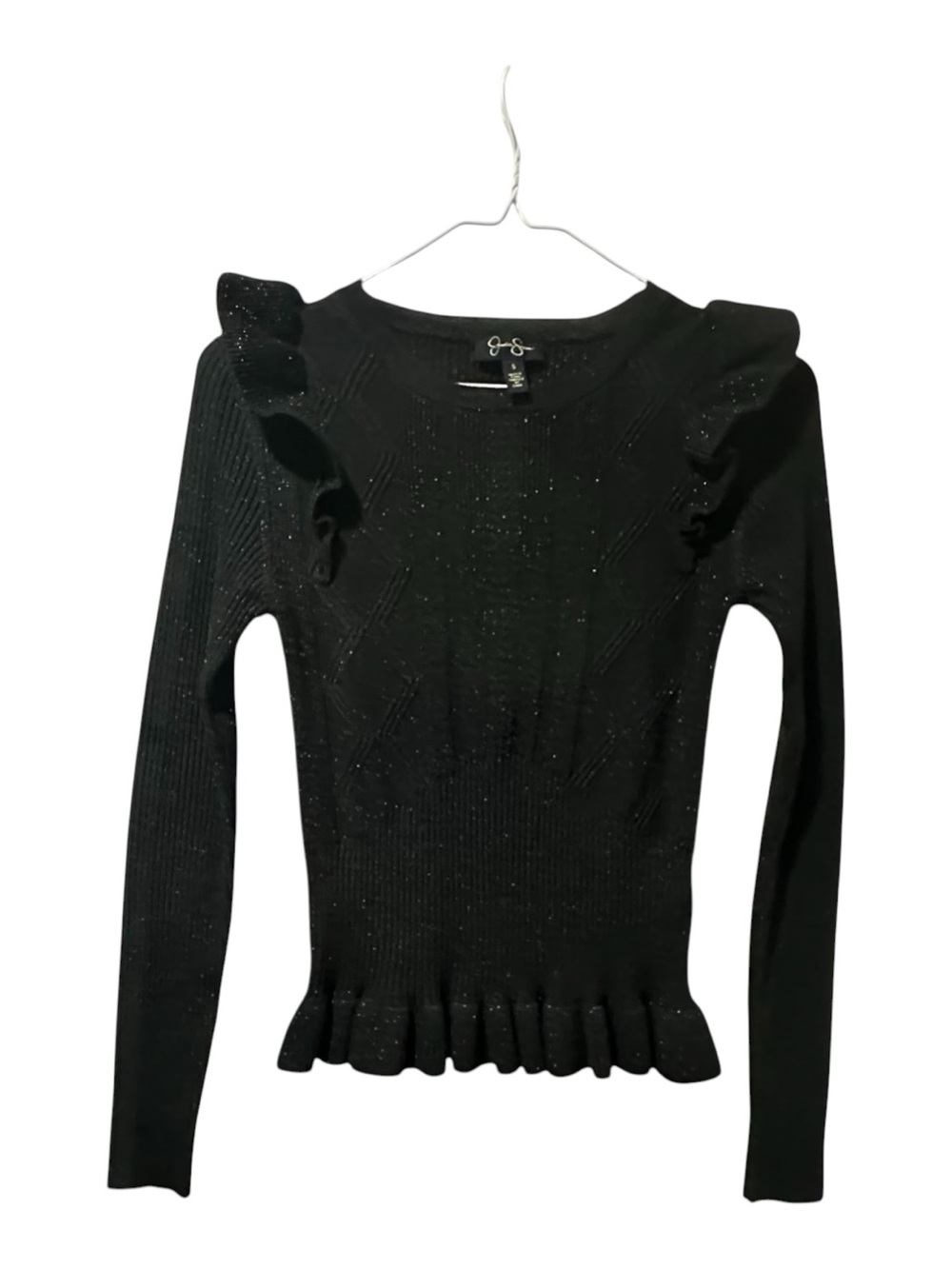 Jessica Simpson Black Sparkle Ruffle-Trim Long Sleeve Top